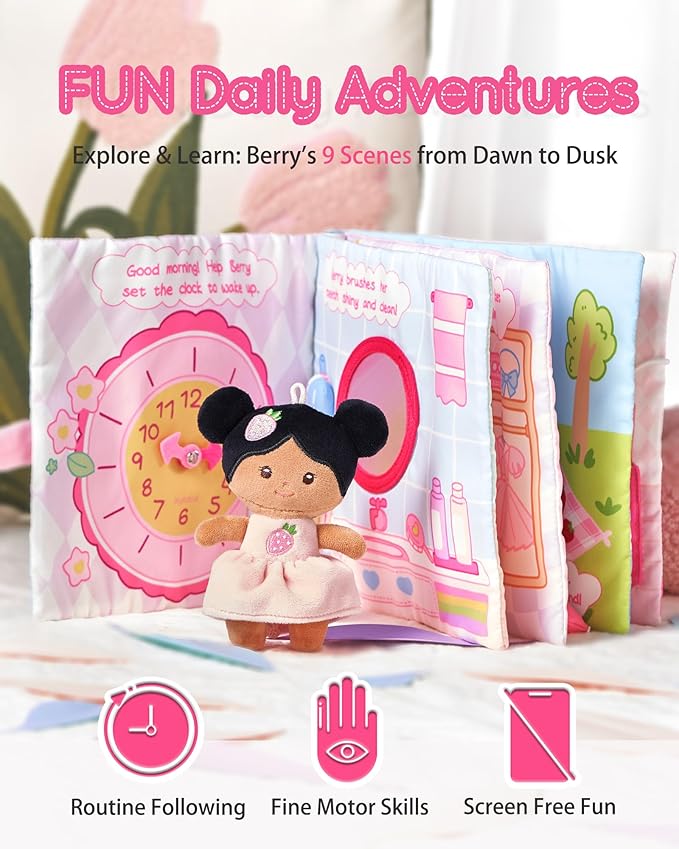 LeyaDoll Interactive Sensory Soft Cloth Book, Educational Crinkle Quiet Activity Busy Book for Babies,Toddler Travel Toy Gift for 1-3 Year Old Boys and Girls (A Berry Special Day)