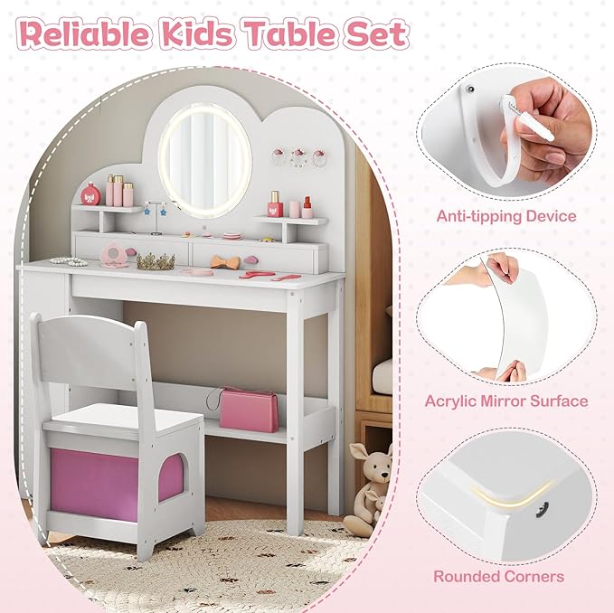 HONEY JOY Kids Vanity with Lights and Open Bookshelf, Cloud Princess Makeup Dressing Desk, Drawers, Wooden Pretend Play Toddler Vanity Table & Chair Set with Lighted Mirror for Little Girls (White)