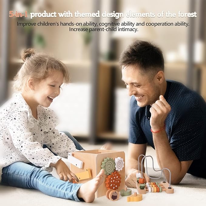 ibwaae 5 in 1 Wooden Activity Cube Play Center Bead Maze Leaves Shape Sorter Learning Montessori Toys for Toddlers 1-3 Early Educational Developmental Learning Toys for Kids