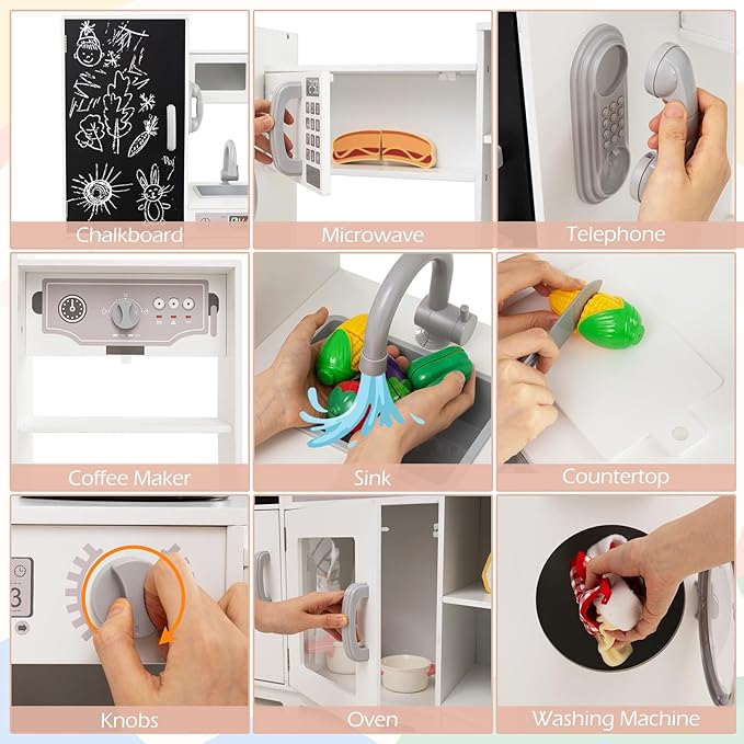 Costzon Corner Play Kitchen w/Lights, Sounds, Large Pretend Play Kitchen Set w/Blackboard, Microwave, Cooking Accessories, Wooden Montessori Sensory Toy for Kids 3+ Years Old (White)