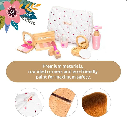 UMU® Wooden Pretend Makeup Kit for Toddlers – Realistic Toy Beauty Set for Girls with Lipstick, Mirror, Perfume, Powder & Cosmetic Bag – Play Makeup for Kids Ages 3 4 5 6