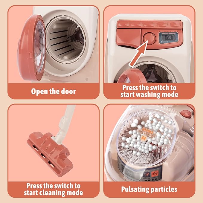 deAO Toy Washing Machine & Vacuum Playset for Kids, Mini Washing Machine Laundry Set for Kids,Dollhouse Furniture Laundry Room Washer and Iron Set Kids Cleaning Set for Boys & Girls