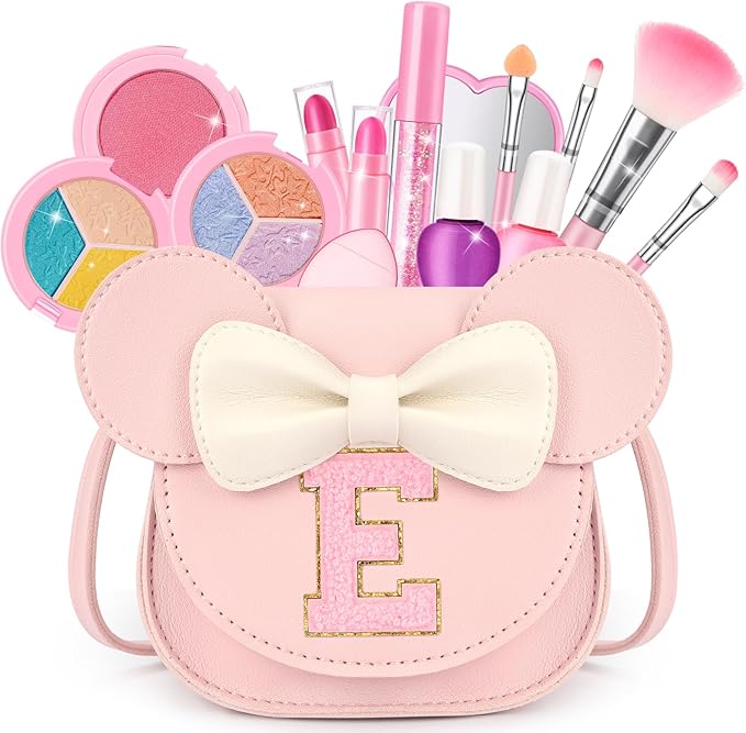 Kids Makeup Kit for Girls - 15 Pcs Real Washable Make Up Set - Non Toxic Toddlers Cosmetic with Letter Mouse Ear Purse - Dress up Birthday Gifts for 3 4 5 6 7 8 Years Old Girls - E