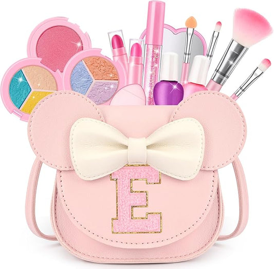 Kids Makeup Kit for Girls - 15 Pcs Real Washable Make Up Set - Non Toxic Toddlers Cosmetic with Letter Mouse Ear Purse - Dress up Birthday Gifts for 3 4 5 6 7 8 Years Old Girls - E