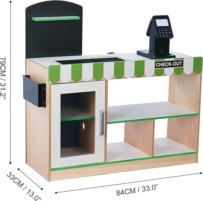 Teamson Kids Cashier Austin Interactive Wooden Play Market Stand with Lights and Sounds, Manual Conveyor Belt, Register and Display Spaces, Green and White Décor on Natural Wood
