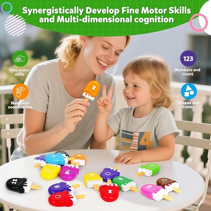TSYAN Ice Cream Toy Set - Number & Shape Sorting Stacking Bucket for Toddlers - Educational Counting Color Recognition - Fine Motor Toys Math Learning Toys for Kids Ages 3+Year Old