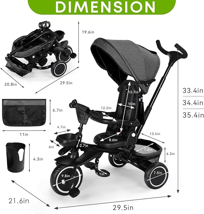 Kinder King Kids Tricycle, 8 in 1 Folding Toddler Trike w/Adjustable Push Handle, Rotatable Seat, Adjustable Canopy, Bell, Five-Point Harness, Storage, Toddler Stroller Bike for Age 6 Months+, Grey