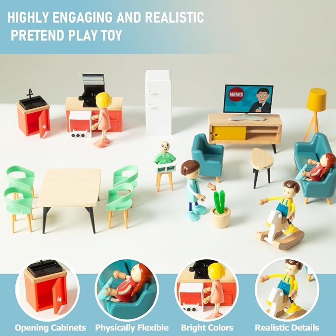 43PCS Wooden Dollhouse Furniture Set 6 Rooms with 5 Family Dolls,Wood and Plastic Dollhouse Accessories, in/Outdoor Scenes Pretend Play Toys Christmas Birthday Gift for Boys Girls & Kids 3Y+