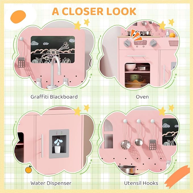 MAMIZO Play Kitchen for Kids, Pretend Playset with Blackboard & Realistic Lights & Sounds, Ultimate Interactive Wooden Kitchen with Knob Sounds, Sink, Water Dispenser, 6 Pcs Cookware for Ages 3+(Pink)