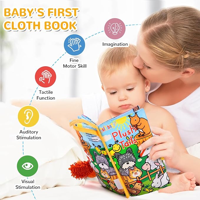 HECCEI Baby Cloth Books Soft Baby Book 0-6 Months Crinkle Books with Tail Touch and Feel Sensory Toys for Infant Tummy Time for 3 Months+, Plush Tails