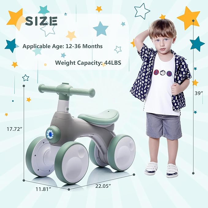 Baby Balance Bike 1 Year Old with Music, Lights, Bubble Machine, 4 Wheels Pedal-Less Toddler Ride on Toys for 12-36 Months Birthday Gift, Toddler boy Toys Ride on car (Green & Gray)