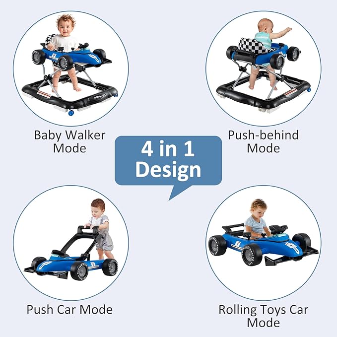 INFANS 4 in 1 Baby Walker, Foldable Toddler Activity Center with Adjustable Height, Padded Seat, Music, Light, Removable Tray, Push Walker for Girls Boys Aged 6-18 Months (Blue)