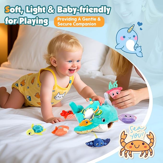 FREYBLI Baby Toys 6-12 Months - Soft Ocean Adventure Toy with Rattle, Crinkle Paper, Squeaker, Mirror - Baby Sensory Montessori Toys for 6 Month Old Developmental, 1 Year Old Boy Girl Gifts Toys