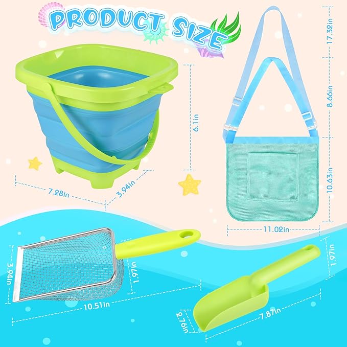 Beach Toys, Sand Toys with 2 Collapsible Beach Bucket and Beach Mesh Shovel, Sand Shovel, Shark Tooth Sifter and Mesh Bag for Shell Collecting, Sand Dipper Beach Scoop for Kids Boys Girls