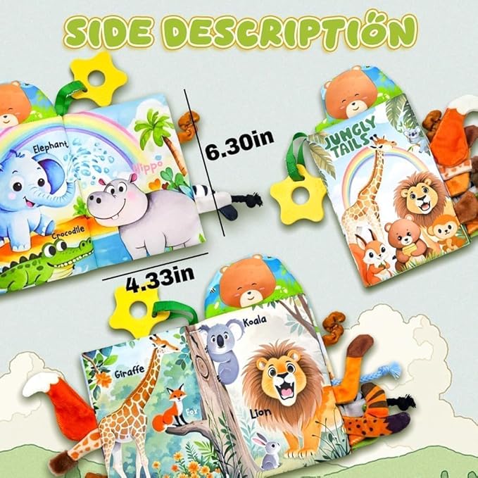 Baby Toys 0-6 Month, Crinkle Books for Babies, Jungle Tails Soft Baby Cloth Books 6 to 12 Months with 10 Pcs Jungle Animal Finger Puppets, Infant Tummy Time Sensory Toys, Newborn Gifts for Boys Girls