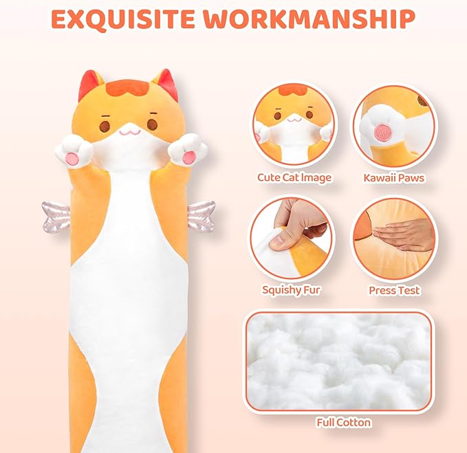 Mewaii Long Cat Plush 5 Sizes, 120% Extra Filling Giant Plushness Kids Body Pillow, Kawaii Cute Brown Cat Stuffed Animals Plushies, Big Long Body Pillow Cat Plush Gift for Girls 53”