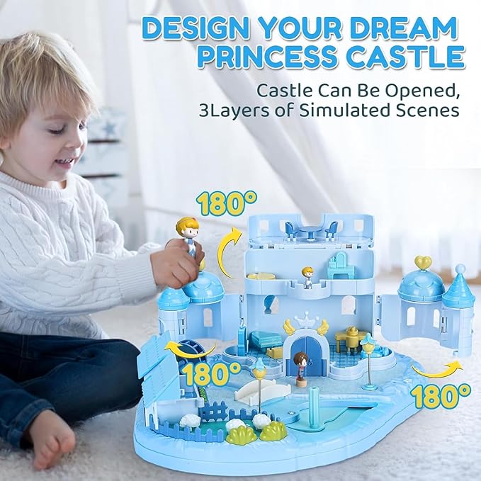 Dream Princess Play Set, 12.2*8.6*8.8 inches with 2 Magnetic Control Movable Toys, Magnetic Doll House Building Toys with Light Music, Toy Gift for Girls Kids Ages 6+（Blue）