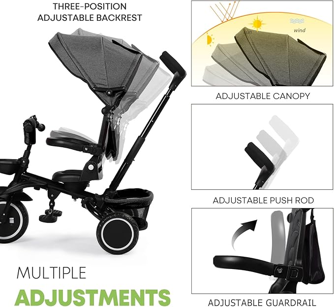 Kinder King Kids Tricycle, 8 in 1 Folding Toddler Trike w/Adjustable Push Handle, Rotatable Seat, Adjustable Canopy, Bell, Five-Point Harness, Storage, Toddler Stroller Bike for Age 6 Months+, Grey