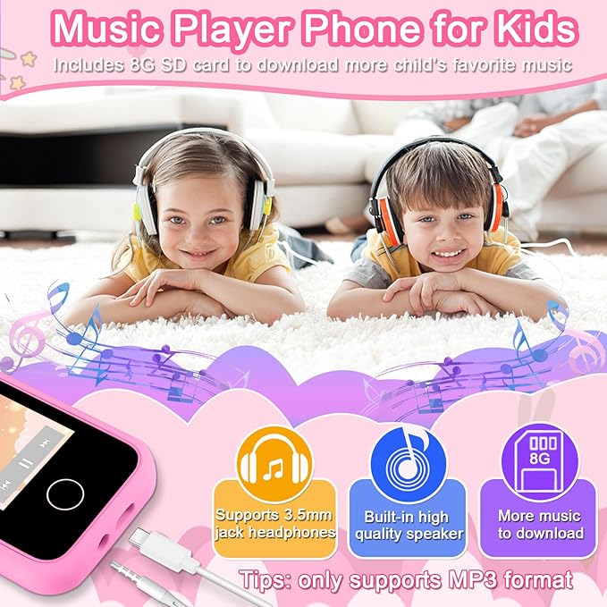 Kids Phone for Girls Toys, Gifts for 3 4 5 6 7 8 9 Year Old Girls Boys Christmas Birthday Kids Toys, Touchscreen Toddler Learning Cell Toy Phone with Dual Camera, Game, Music Player, 8GB Card Pink