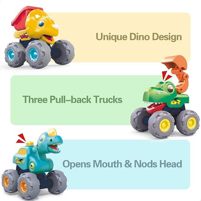 iPlay, iLearn Toddler Dinosaur Monster Truck Toy, Baby Pull Back Toy Car 1 2 3 Year Old Boy, Push Go Dinosaur Trucks, BigWheel Construction Vehicle, Cool Birthday Stocking Gift 12 18 24 Month Kid Girl