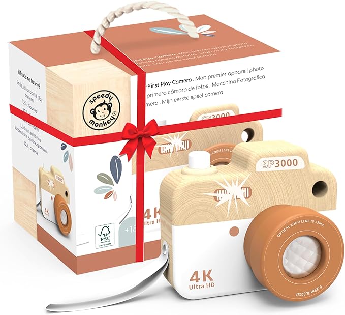 SPEEDY MONKEY My First Wooden Camera Toddler Toy with Kaleidoscope Lens, FSC Wood Pretend Play Camera for Kids – Early-Learning Photographed Props for Imaginative Play for Boys and Girls