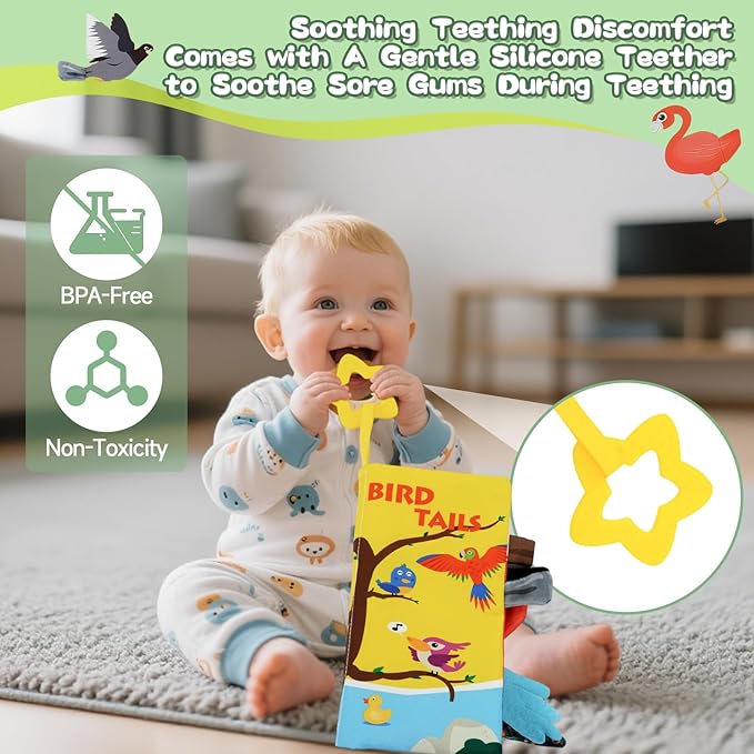 Baby Books Toys 0-12 Months with Teether,Tummy Time Crinkle Sensory Toys,High Contrast Touch & Feel Soft Book, Early Learning Infant Toys,Shower Gift for Boys Girls (Flying Animals)