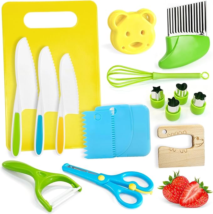 Chanking 17 Pieces Kids Safe Knife Set for Real Cooking Child-Friendly Plastic Chef Tools Montessori Kitchen Toys for Toddlers with Bright Colors Gifts for Boys and Girls