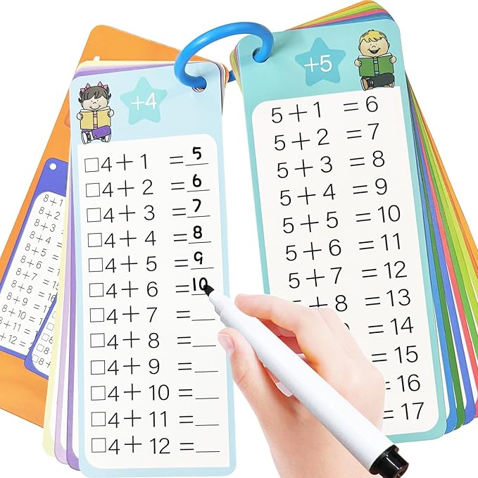 Addition Flash Cards 1-12, 15PCS Times Table Flash Cards Chart, with Dry Erase Markers Sorting Ring, 1st, 2nd, 3rd Grades Educational Math Addition Game for Kids Classroom Home