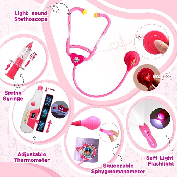 Doctor Kit for Toddlers 3-5 Girl Toys Christmas Birthday Gift for 2 3 4 Year Old Girls Kids Doctors Play Set with Plush Dog, Toy Stethoscope & Carrying Bag for Veterinarian Pretend Play (Pink)