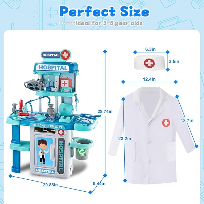 Doctor Kit for Kids 3-5, Toddler Play Set with Rolling Cart, Costume, and Stethoscope, Role Play Kids Doctors Set (Blue)