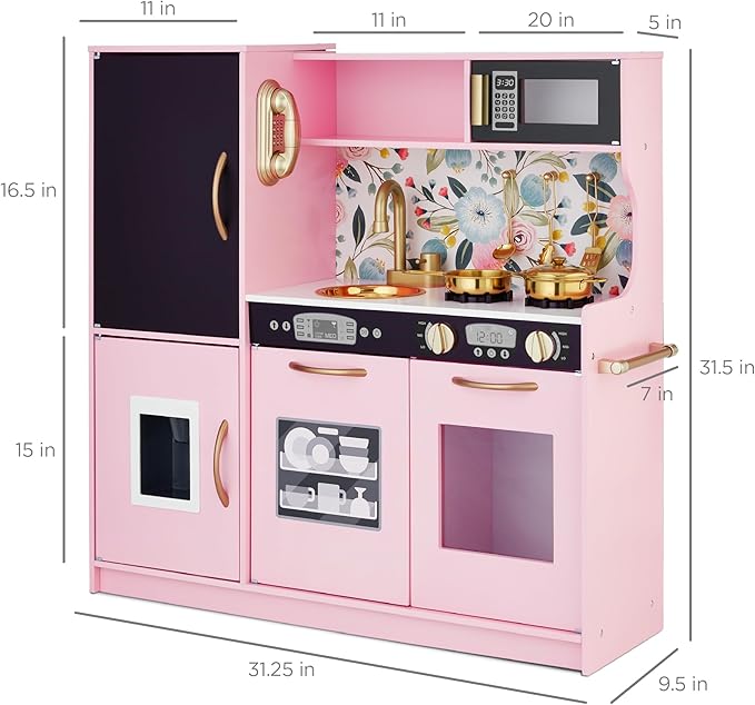 Best Choice Products Pretend Play Kitchen Wooden Toy Set for Kids w/Realistic Design, Telephone, Utensils, Oven, Microwave, Sink - Pink Floral