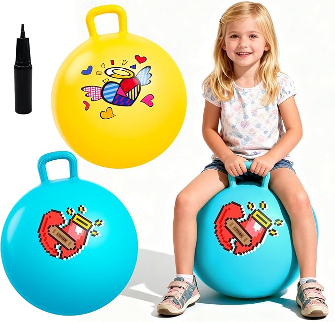 EVERICH TOY 2-Pack Hopper Ball for Kids, 18In Hippity Hop Balls, Yellow & Blue Bouncy Ball with Handle, Indoor Outdoor Inflatable Hopping Toy sfor Girls Boys Gift with Pump