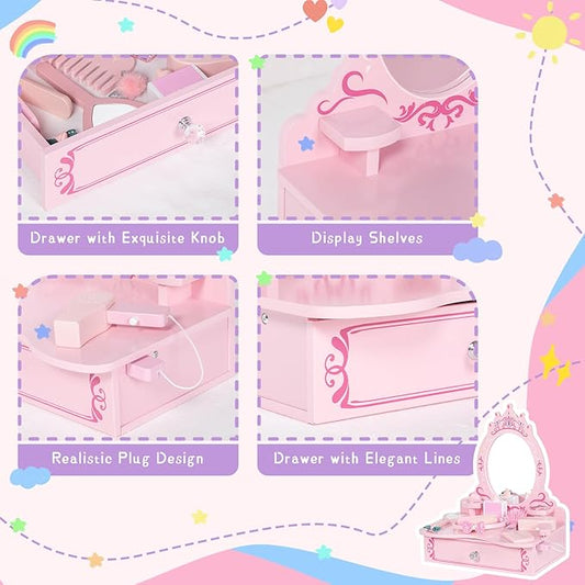 Wooden Vanity Set for Kids, Toddler Tabletop Beauty Salon Play Set w/Accessories & Drawer, Princess Makeup Pretend Play Vanity Table Toy with Crown Shaped Mirror for Little Girls Age 3-8
