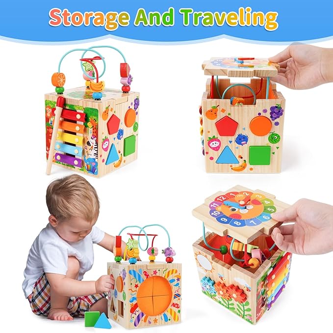 Wooden Activity Cube | Montessori Toys for 1-2 Year Old Toddlers | One Year Old 1st First Birthday Gift | Developmental Toys for 12 Months Baby Boys Girls | Bonus Sorting & Stacking Board (Pink)