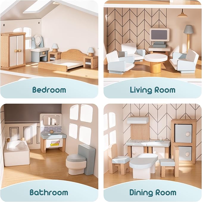 ROBOTIME Dollhouse Furniture, Wooden Doll House Furniture Set, 23 PCS Doll House Accessories and Furniture, Dollhouse Furniture Gift for Boys and Girls