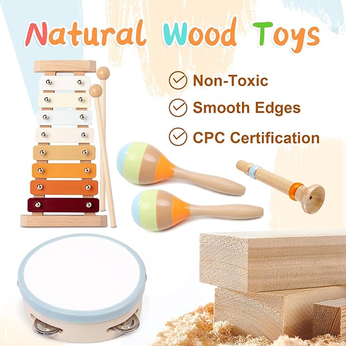 Toddler Musical Instruments Sets, Montessori Wooden Percussion Educational Baby Musical Toys Xylophone Maracas Tambourine for 2 3 4 Year Old Girls Boys Christmas Stocking Suffers Gifts for Kids