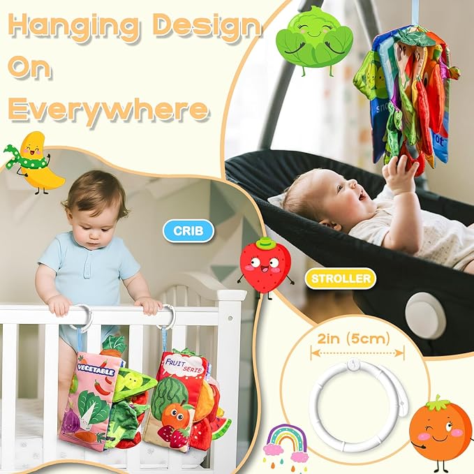 Soft Book Toys for Babies 0-18 Months, 2PCS Crinkle Cloth Books – Fruit and Vegetable Themes, Tails Sensory Book with Rings for Hang, Montessori Early Learning Infant Toy for 0-6-12-18 Month