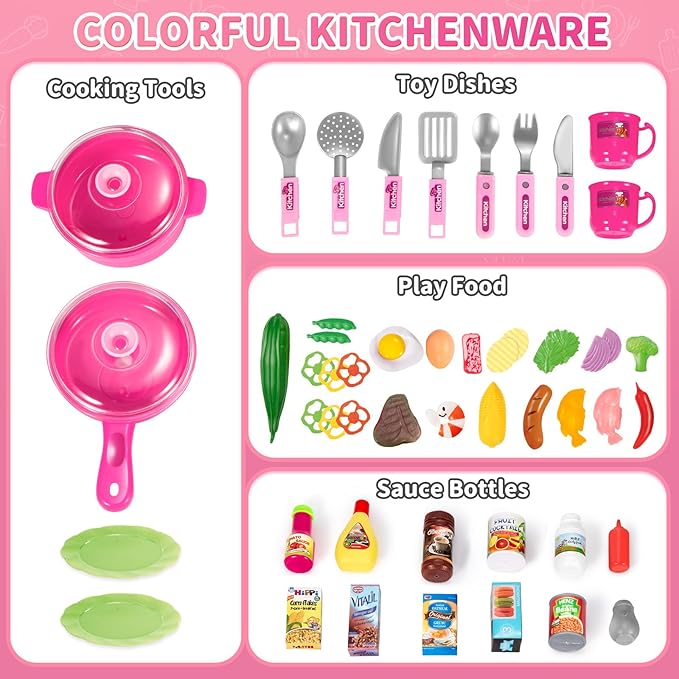53 PCS Play Kitchen Pretend Food Set for Kids Ages 3-6 4-8, Pink Kitchen Toys with Light, Sound and Spraying, Sink Toy Accessories, Indoor Outdoor Playset for Toddlers 3-5 Boys Girls 6-12