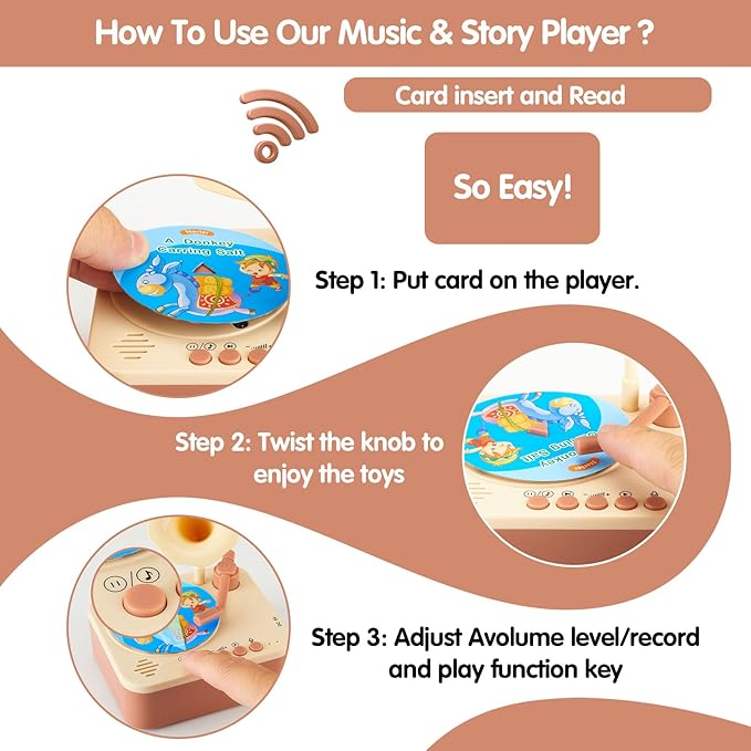 Toddler Gramophone Musical Toys - Player Audio Books for Kids, 99 Cards Stories Songs Phonograph Record, Gift for Boys and Girls (Cozy Brown)