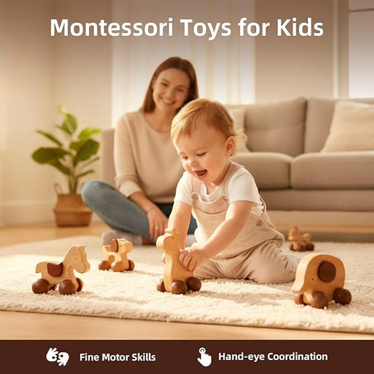 Wooden Animal Car Toy Set – 4PCS Push & Pull Montessori Cars for Kids 3+ | Natural Solid Wood Baby Toy Cars (Puppy, Elephant, Pony, Giraffe) | Hand-Carved Safe Toddler Gift