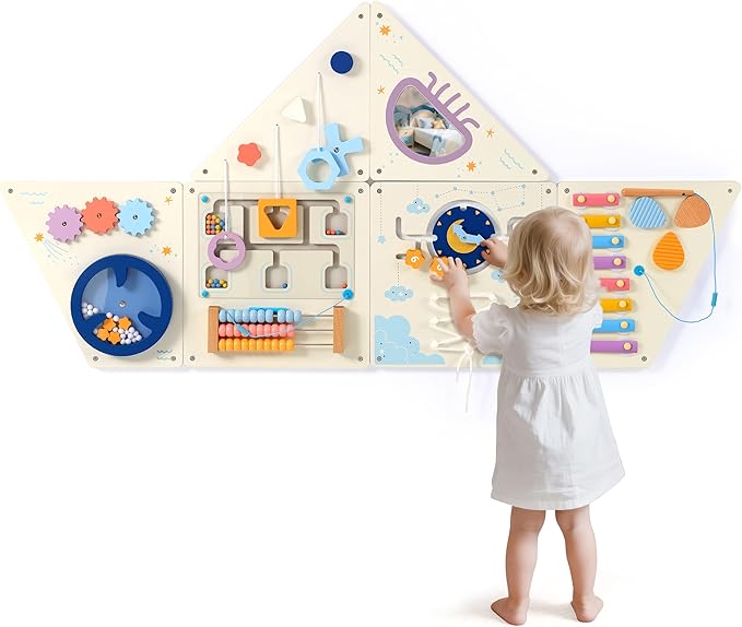 Tangram Activity Wall Busy Board Panels, 12-in-1 Learning Activity Center, Wooden Montessori Sensory Toys for Toddler Playroom, Nursery, Daycare, Classroom, Dentist Waiting Room