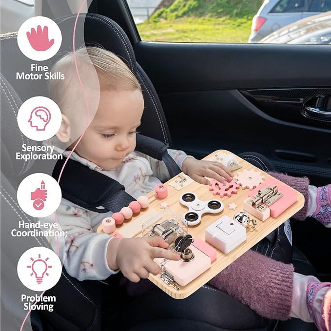 Potatomato Pink Montessori Wooden Busy Board – Sensory Fine Motor Skill Toy for Toddlers – Educational Activity Board for Kids – Travel Fidget Toy for Girls & Boys – Birthday Gift for Autism & ADHD