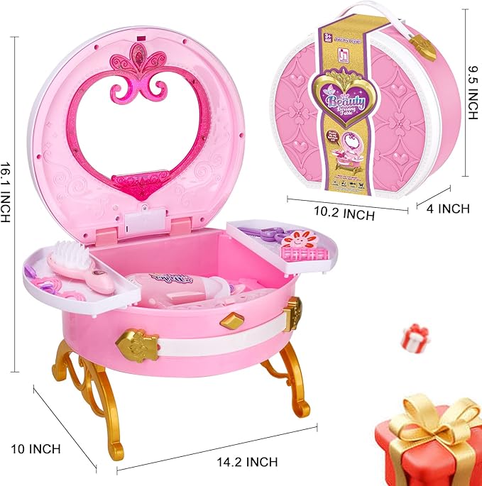 Portable Princess Vanity with Real Mirror, Toddler Makeup Vanity & Styling Tools, Lights and Sounds, Girls Toys Gifts for 3-12 Year Old Kids Birthday Gift