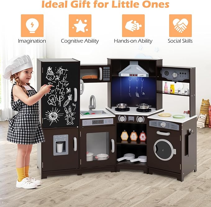 GLACER Corner Wooden Play Kitchen for Kids, Large Pretend Play Kitchen Playset with Sound, Light, Chalkboard, Microwave, Ice Maker, Washing Machine, Accessories, Toy Kitchen Set for Ages 3+ (Espresso)