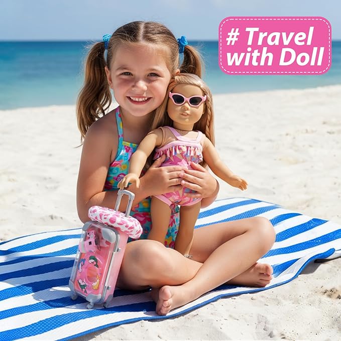 Acelane American Doll Travel Suitcase Play Set - 18 Inch Doll Travel Carrier with Luggage, Clothes, Sunglasses, Camera, Laptop, Pillow - Pretend Play Toys Gift for Girl's Birthday, Christmas, Party