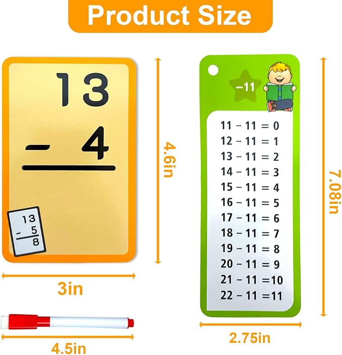 1-12 Math Flash Cards with 6 Dry Erase Pens, 15Pcs Big Subtraction Flash Cards + 36 Pcs Random Double-Sided Subtraction Practice Cards, Educational Math Flashcards for Kids Ages 3+