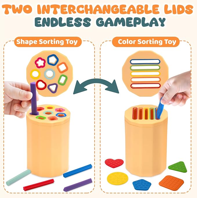 Shape & Color Sorting Montessori Toy for Toddlers 1-3 with Dual Lids – Silicone Sensory Toys, Educational Preschool Toy for Fine Motor Skills, Learning & Restaurant Play for Boys and Girls
