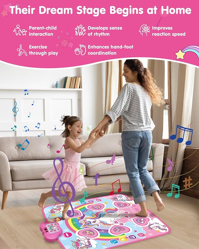 Unicorn Toys Dance Mat for Girls – Bluetooth Light-Up Musical Floor Mat with 4 New Game Modes, Adjustable Volume, 2025 New Gift for Girls Ages 3-12 Birthday & Christmas (Pink)