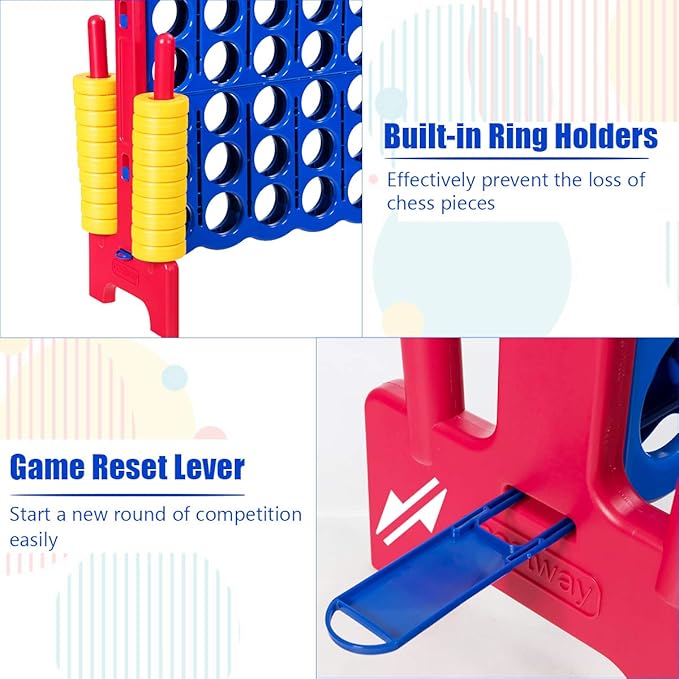COSTWAY Jumbo 4-to-Score Giant Game Set, 4 in A Row for Kids and Adults, 3.5FT Tall Indoor & Outdoor Game Set with 42 Jumbo Rings & Quick-Release Slider, Perfect for Holiday Party & Family Game, Red