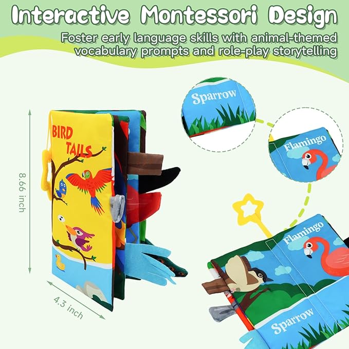 Baby Books Toys 0-12 Months with Teether,Tummy Time Crinkle Sensory Toys,High Contrast Touch & Feel Soft Book, Early Learning Infant Toys,Shower Gift for Boys Girls (Flying Animals)